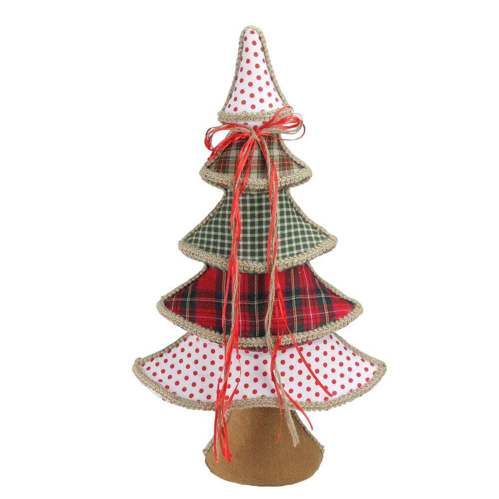 23" Red and Green Plaid and Polka Dot Christmas Tree Tabletop Decor. Picture 1