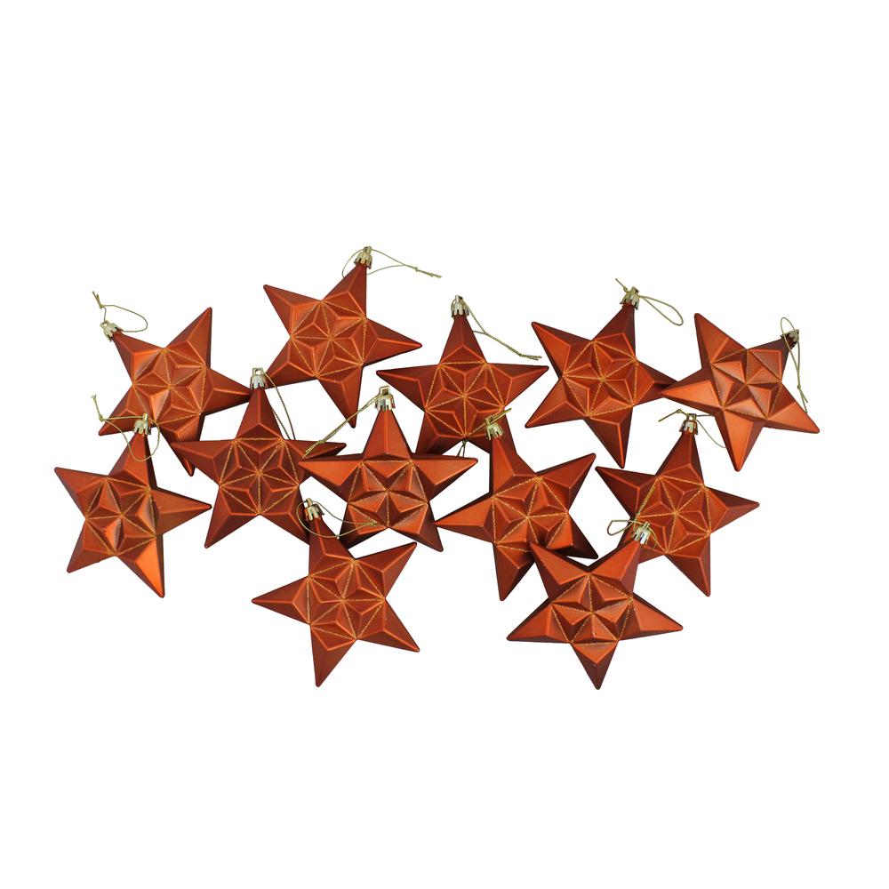 12ct Matte Burnt Orange Glittered Star Shatterproof Christmas Ornaments 5". Picture 3