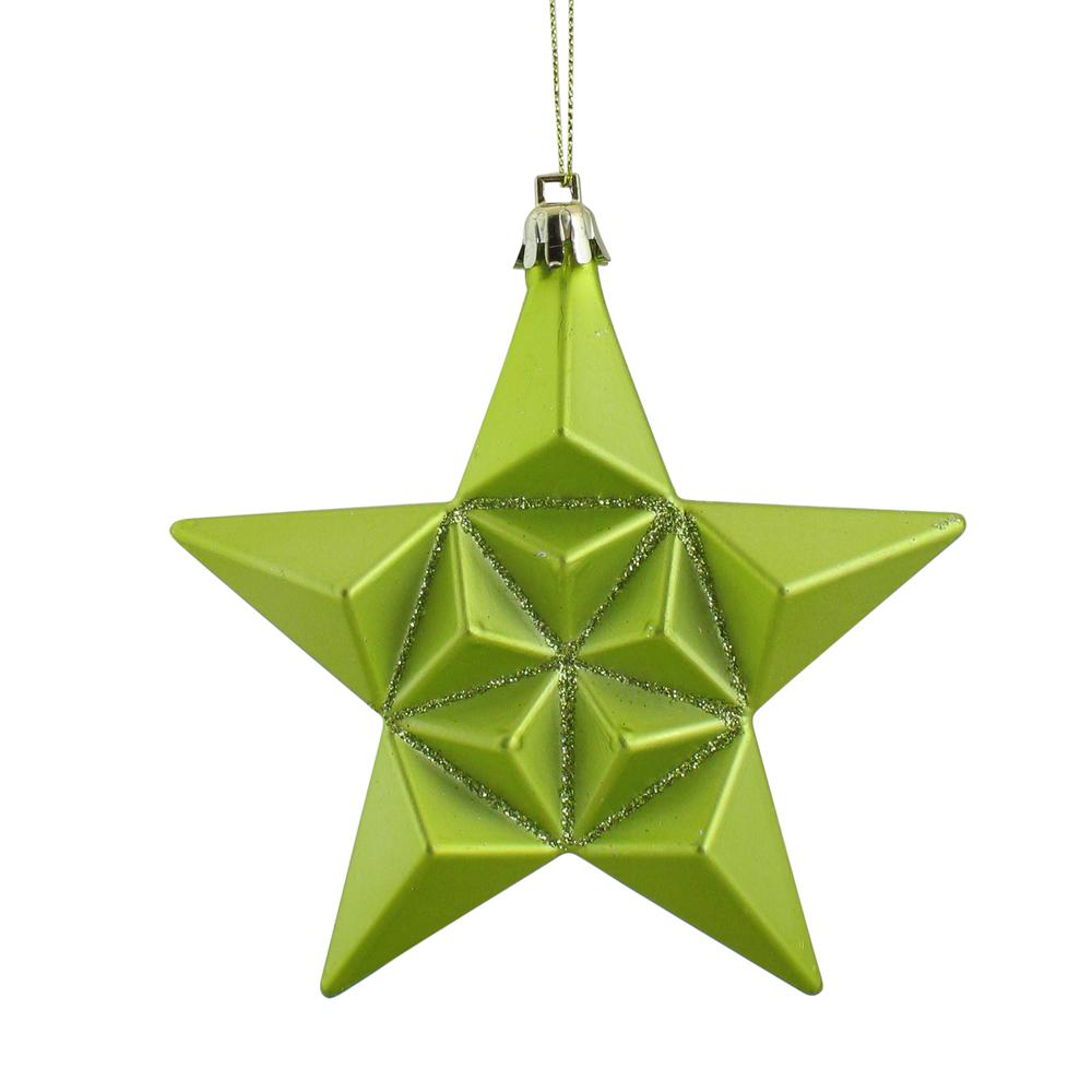 12ct Matte Green Kiwi Glittered Star Shatterproof Christmas Ornaments 5". Picture 1