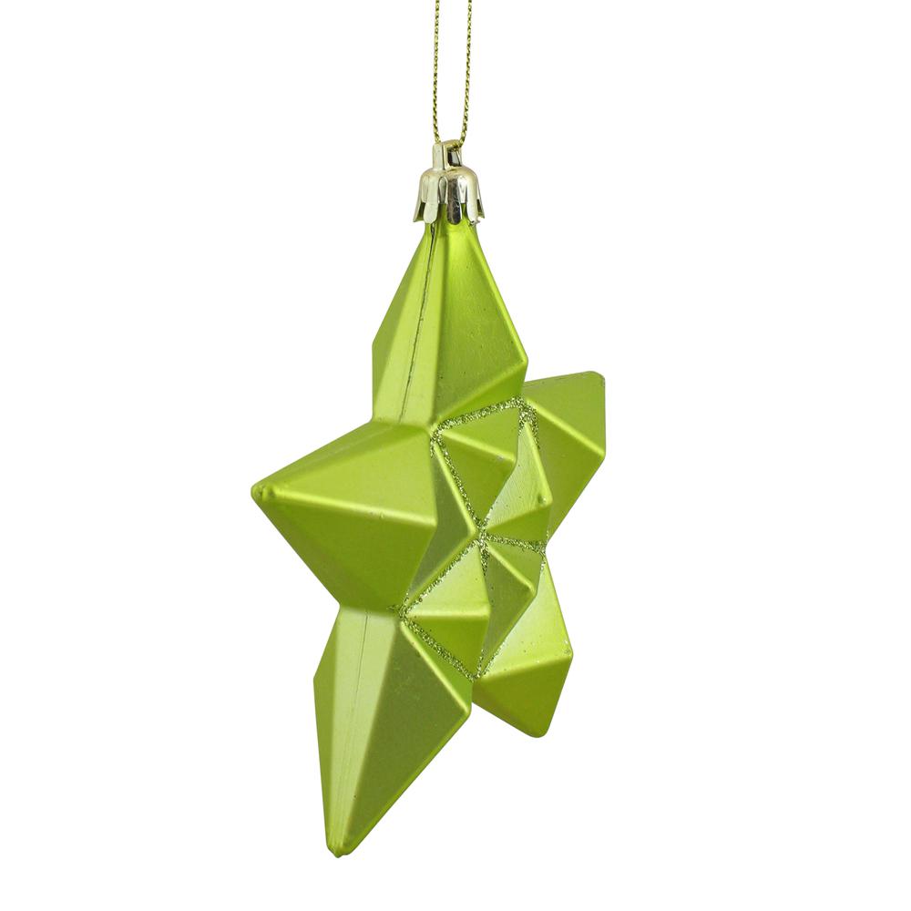 12ct Matte Green Kiwi Glittered Star Shatterproof Christmas Ornaments 5". Picture 2