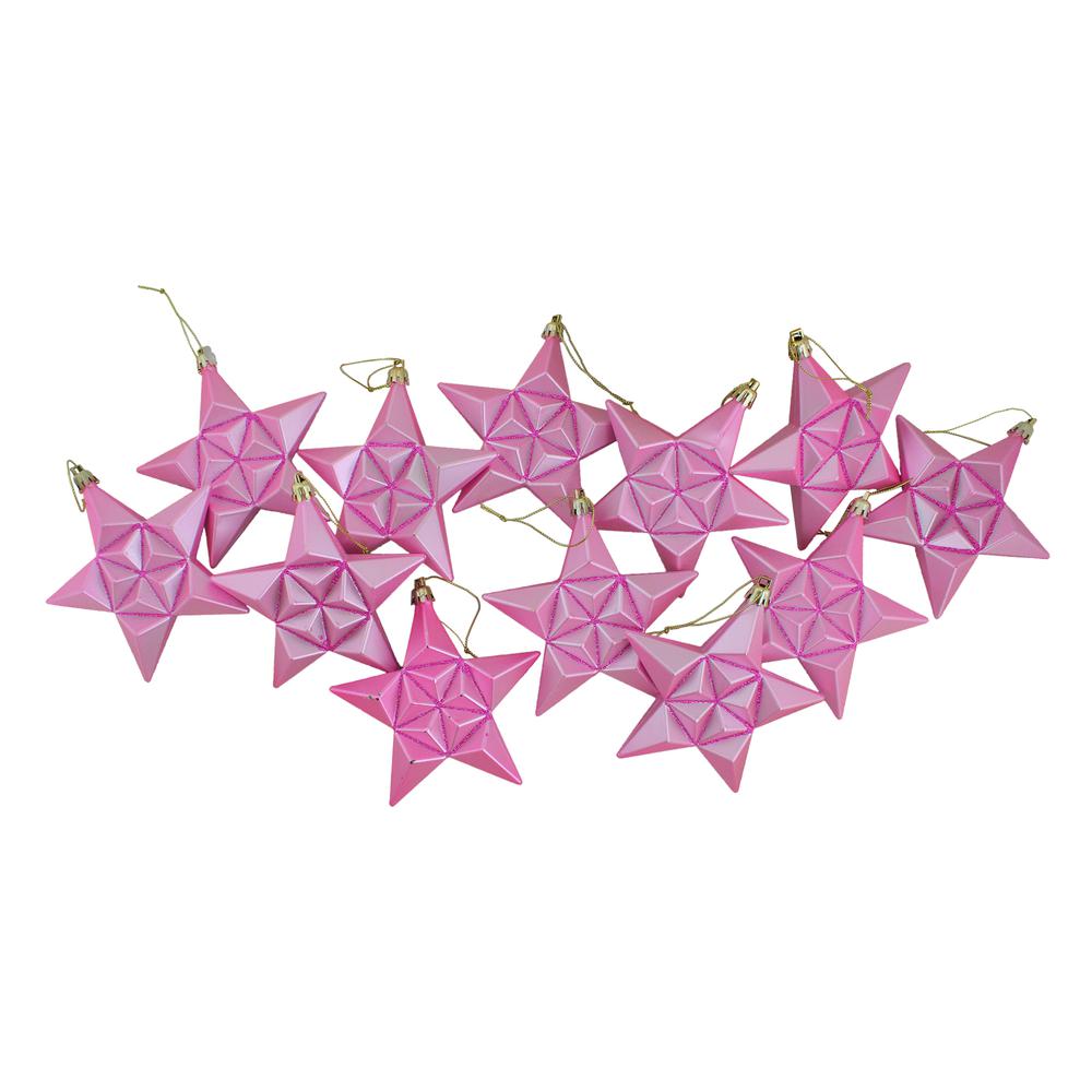 12ct Pink Bubblegum Matte Glittered Star Shatterproof Christmas Ornaments 5". Picture 3