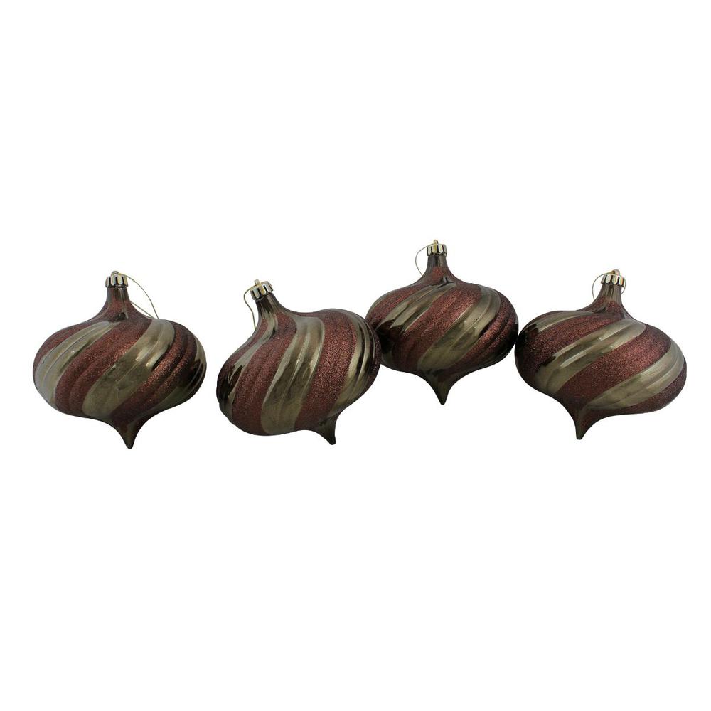4ct Mocha Brown Swirl Shatterproof 2-Finish Onion Drop Christmas Ornaments 5.75" (150mm). Picture 2