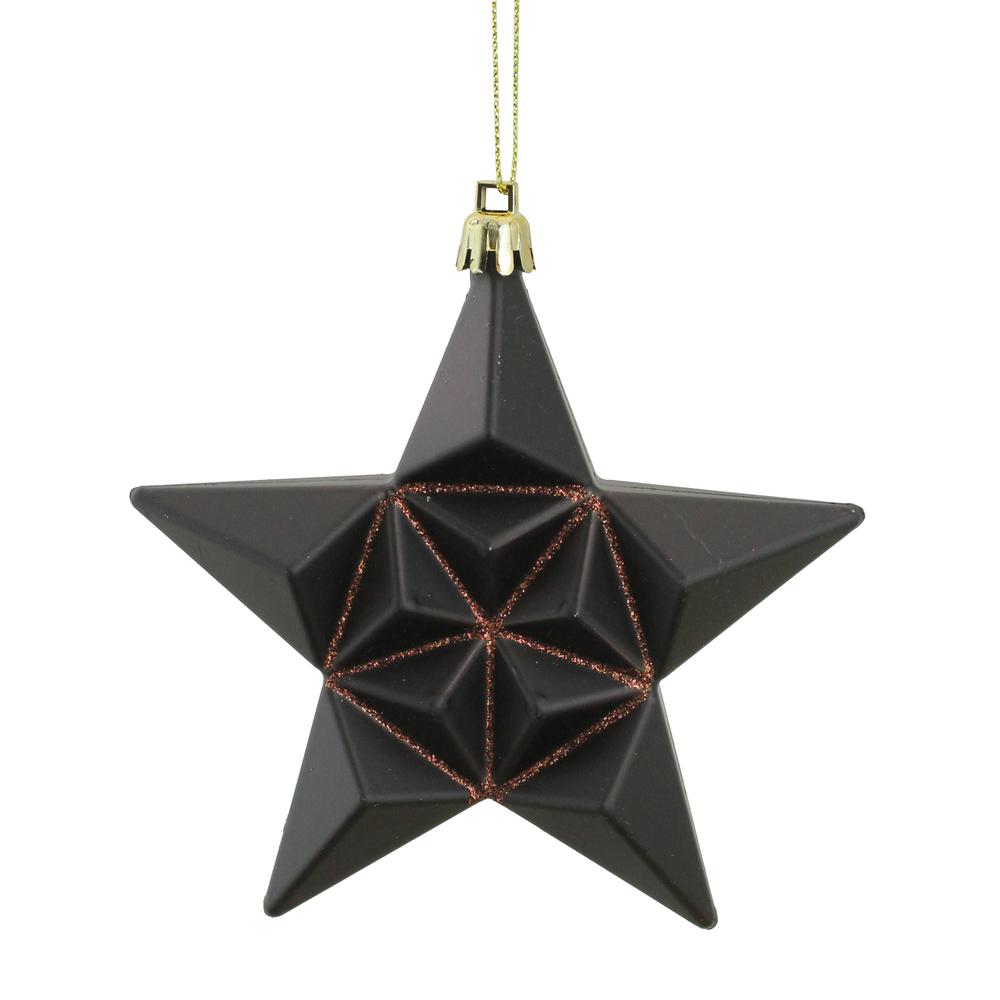 12ct Matte Chocolate Brown Glittered Star Shatterproof Christmas Ornaments 5". The main picture.