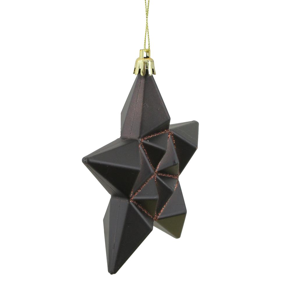 12ct Matte Chocolate Brown Glittered Star Shatterproof Christmas Ornaments 5". Picture 2