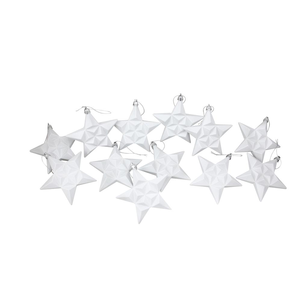 12ct White Matte Finish Glittered Star Shatterproof Christmas Ornaments 5". Picture 1