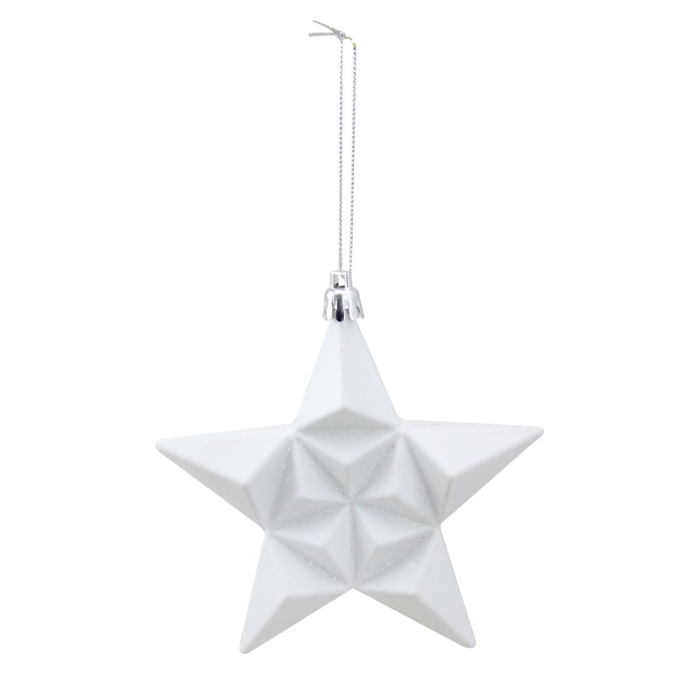 12ct White Matte Finish Glittered Star Shatterproof Christmas Ornaments 5". Picture 2