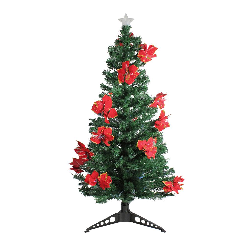 5' Pre-Lit Medium Fiber Optic Artificial Christmas Tree with Red Poinsettias - Multicolor Lights. Picture 1