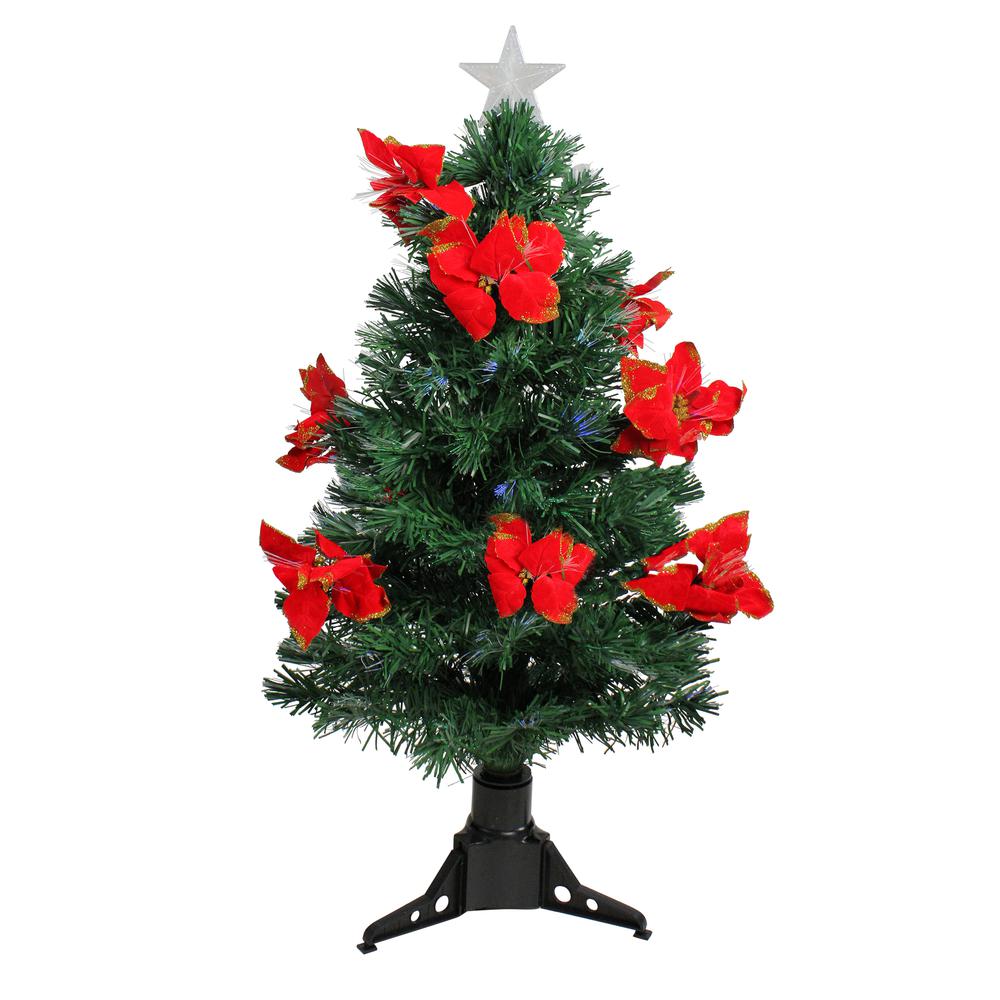 3' Pre-Lit Medium Fiber Optic Red Poinsettias Artificial Christmas Tree - Multicolor Lights. Picture 1