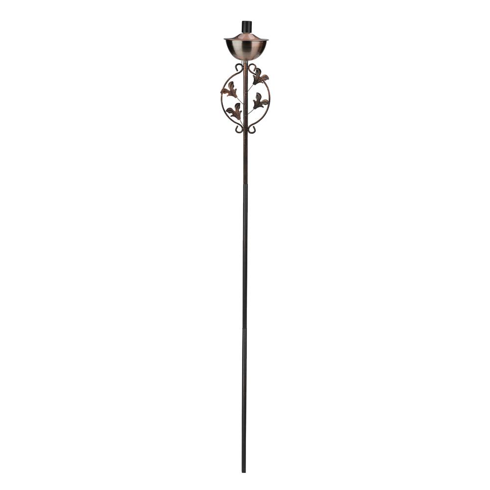 64.5" Brushed Copper Floral Motif Outdoor Patio Garden Oil Lamp Torch. Picture 1