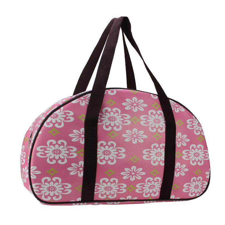 20" Decorative Pink and White Flower Design Travel Bag/Purse with Brown Handles. Picture 1