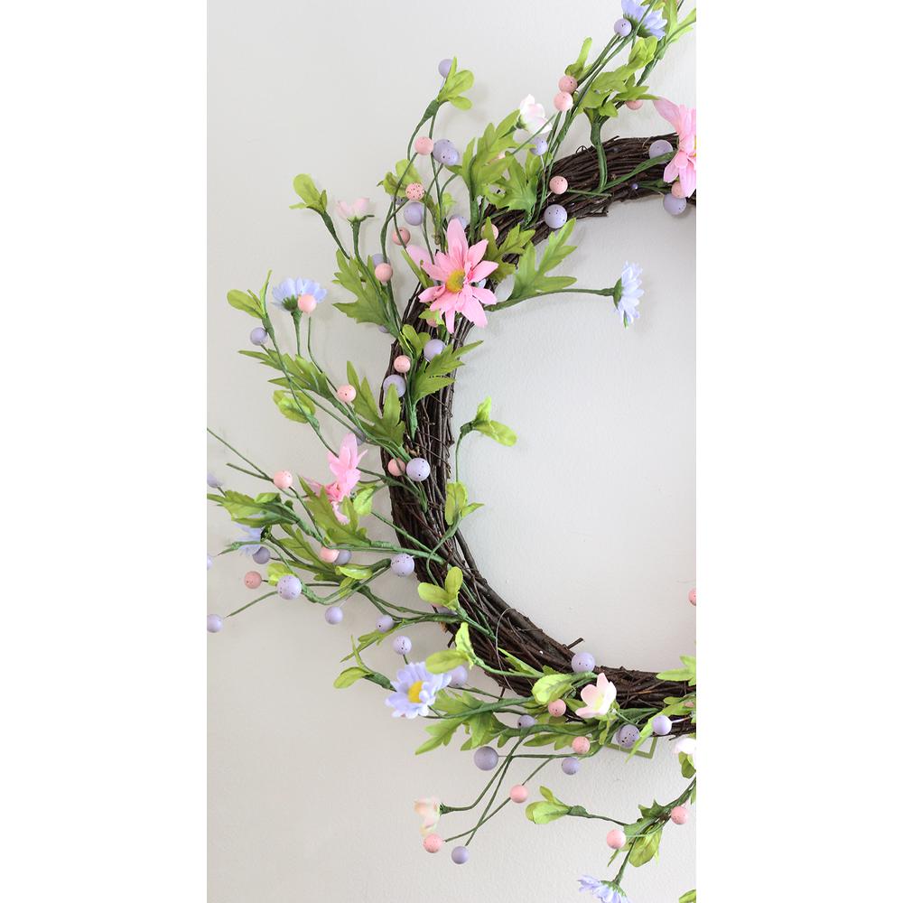 Daisy Twig Artificial Floral Wreath  Green and Pink 15-Inch. Picture 3