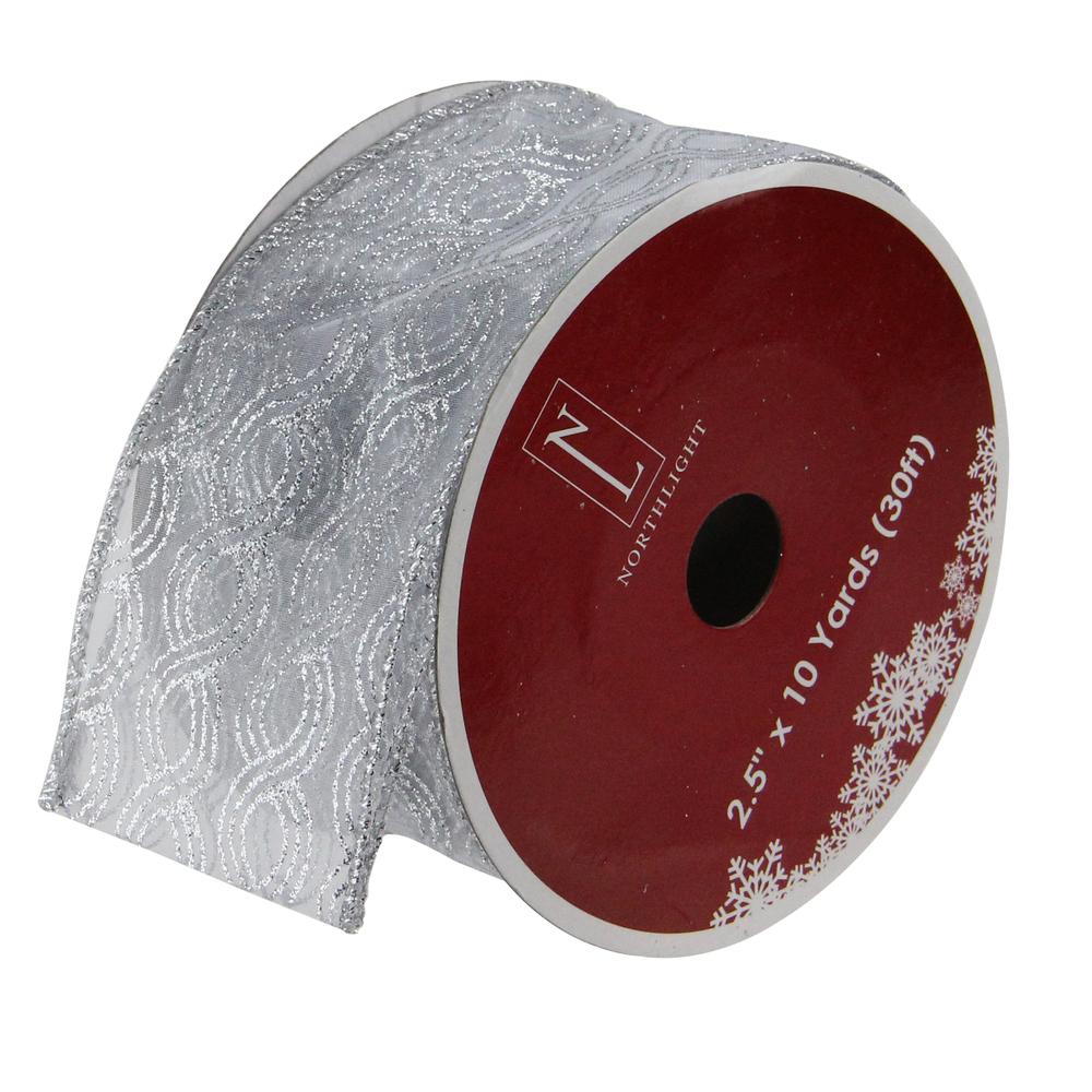 Silver Glittering Swirl Wired Christmas Craft Ribbons 2.5" x 120 Yards. The main picture.