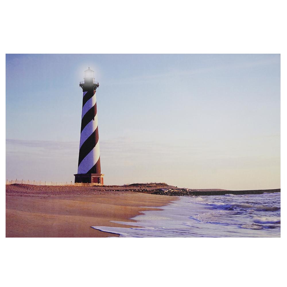 LED Lighted Lighthouse Seaside Beach Scene Canvas Wall Art 15.75" x 23.5". Picture 1