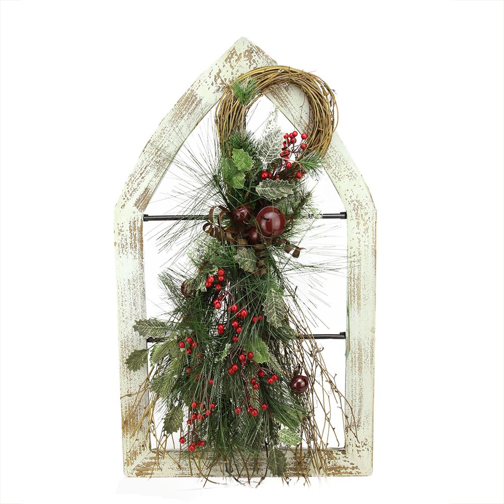 29.5" White Window Frame with Mixed Pine and Berry Swag Christmas Wall Decoration. Picture 1