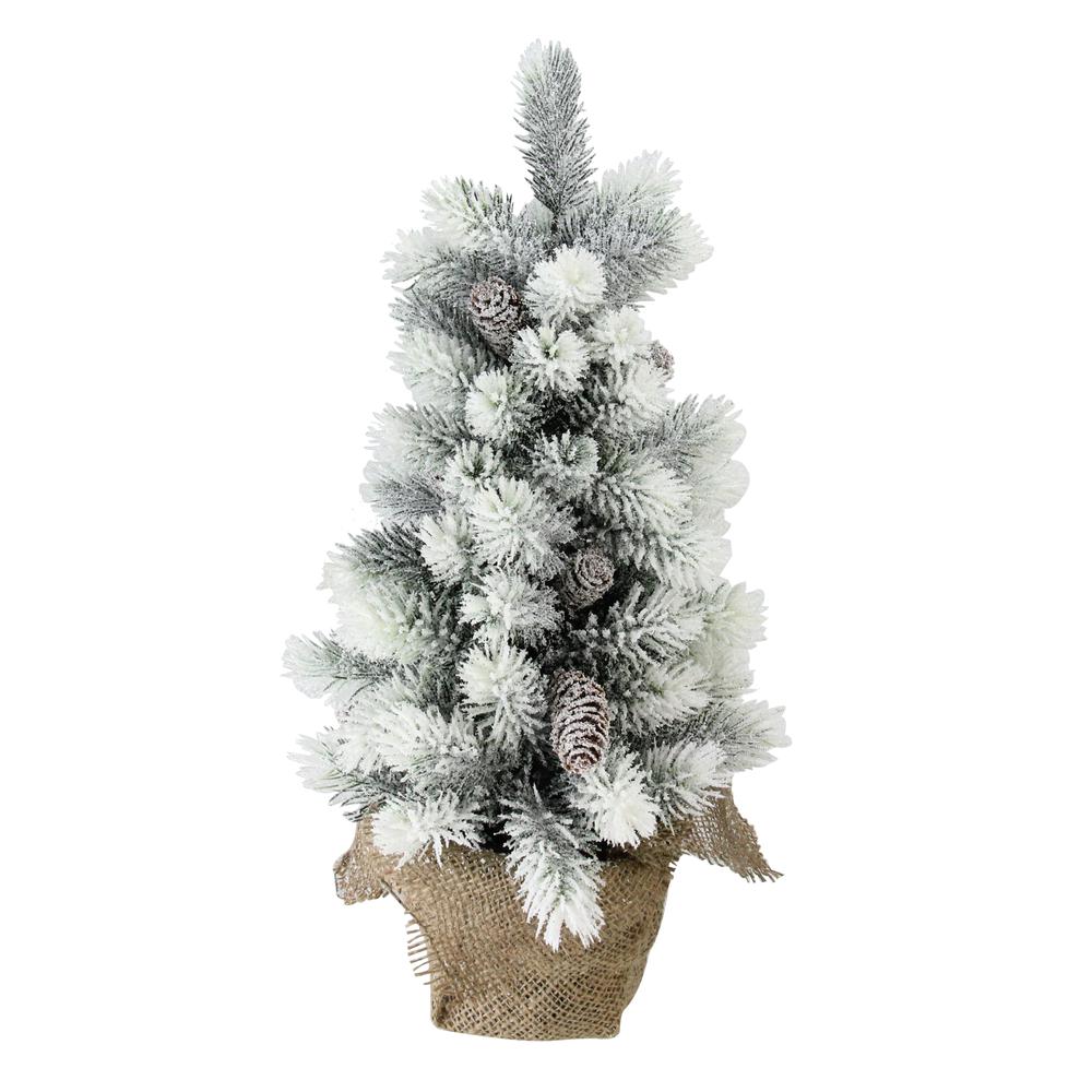 19" Potted Slim Flocked Mini Pine Artificial Christmas Tree in Burlap Base - Unlit. Picture 1