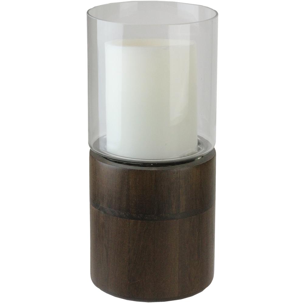 12" Clear Glass Hurricane Pillar Candle Holder with Wooden Base. Picture 4