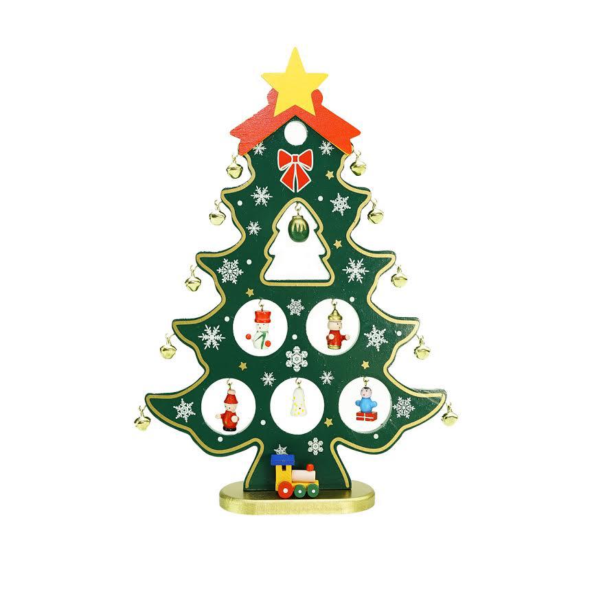 11.25" Red and Green Christmas Tree Cut-Out with Miniature Ornaments Tabletop Decoration. Picture 1