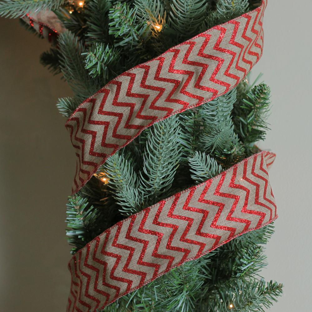 Club Pack of 12 Red and Brown Chevron Wired Christmas Craft Ribbon 2.5" x 120 Yards. Picture 3