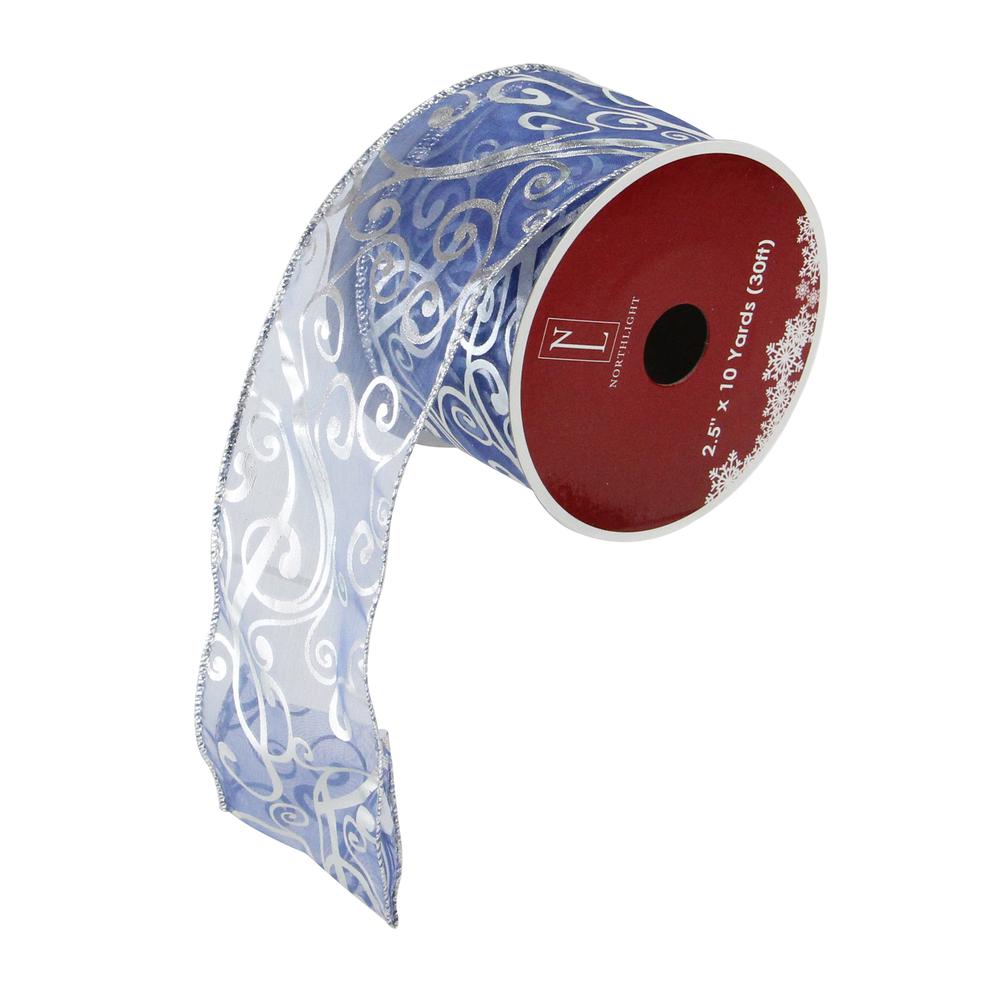Pack of 12 Blue and Silver Shiny Swirls Christmas Wired Craft Ribbon 2.5" x 120 Yards. Picture 1