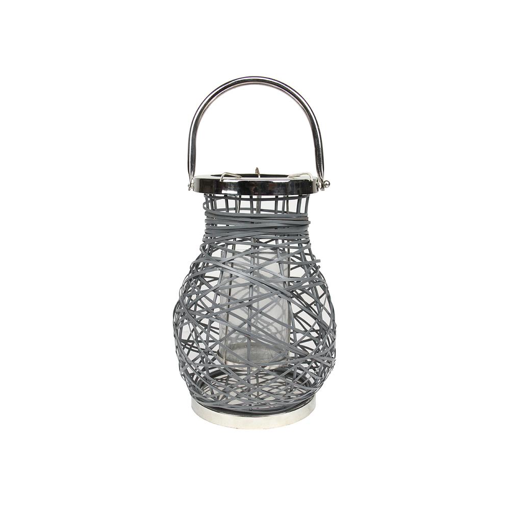 13.5" Modern Gray Decorative Woven Iron Pillar Candle Lantern with Glass Hurricane. Picture 1
