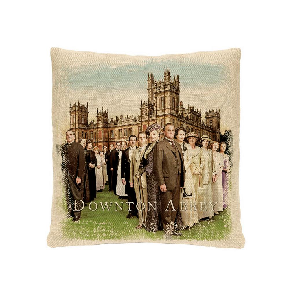 18" Brown and Green Downton Abbey Cast Square Throw Pillow. Picture 1