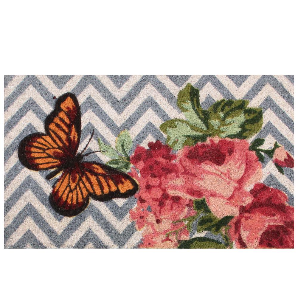 Rose with a Butterfly on Chevron Background Spring Coir Door Mat 29" x 17". Picture 1