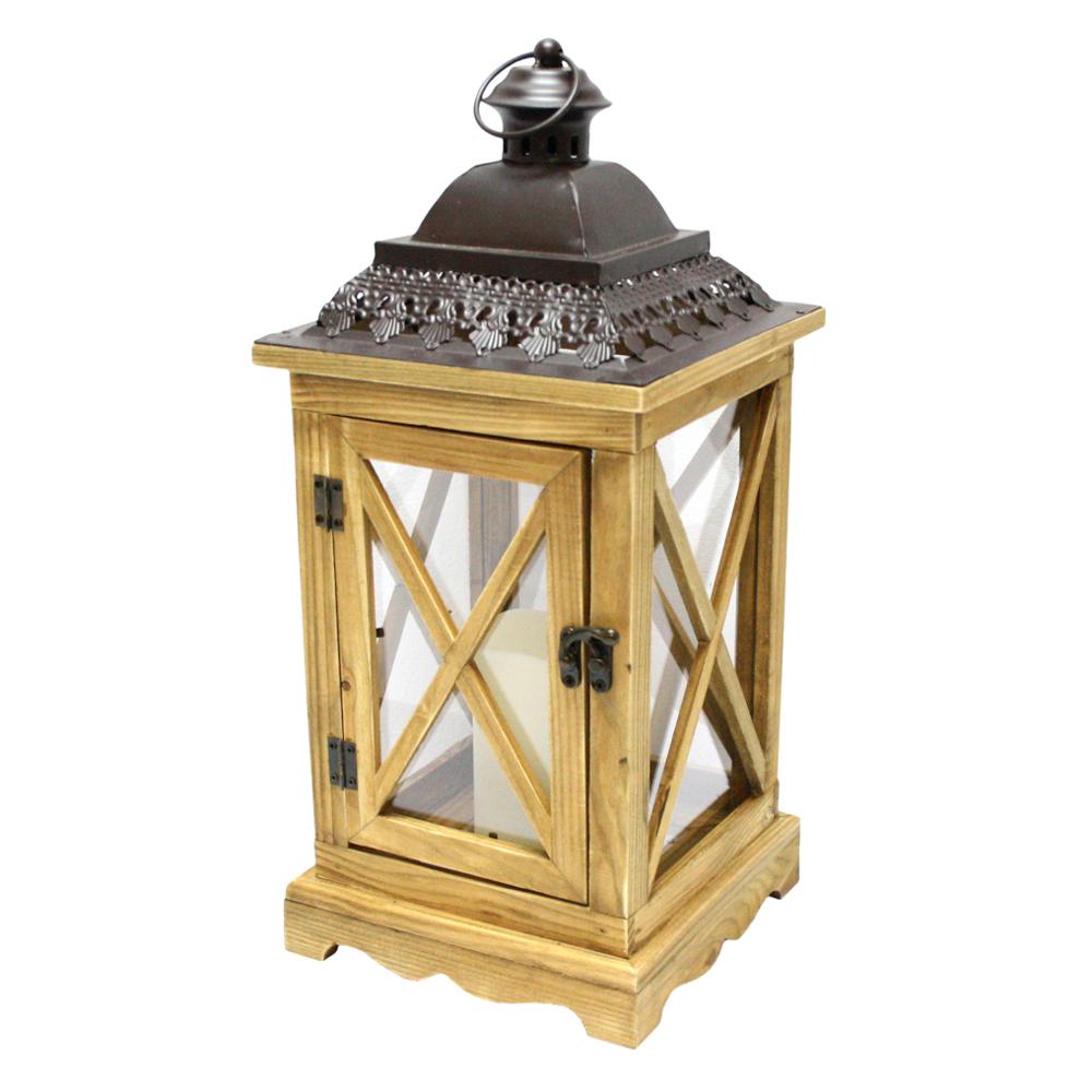 17.5" Rustic Wooden Lantern with Brown Metal Top and LED Flameless Pillar Candle with Timer. Picture 2