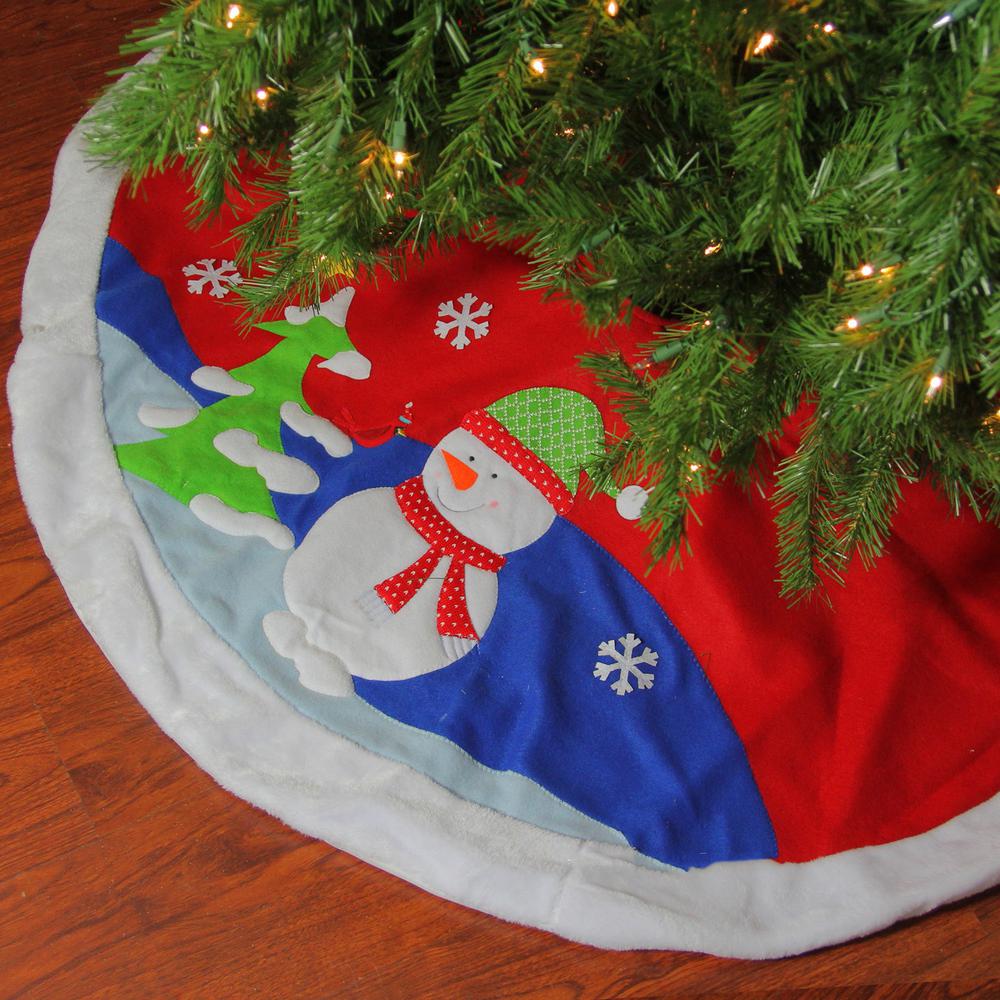 48" Red Fleece Christmas Snowman Winter Tree Skirt with White Faux Fur Trim. Picture 3