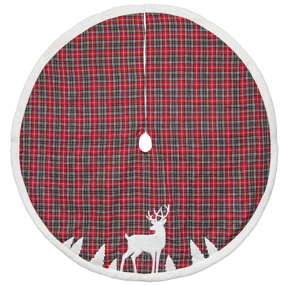48" Red and Black Plaid Reindeer Christmas Tree Skirt. Picture 1