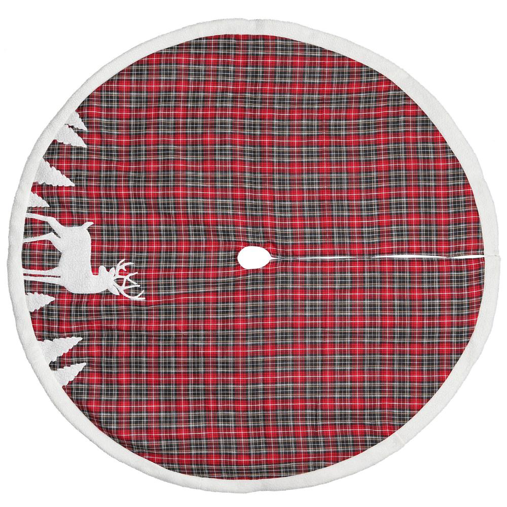 48" Red and Black Plaid Reindeer Christmas Tree Skirt. Picture 2