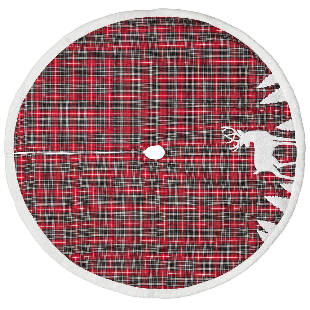 48" Red and Black Plaid Reindeer Christmas Tree Skirt. Picture 3