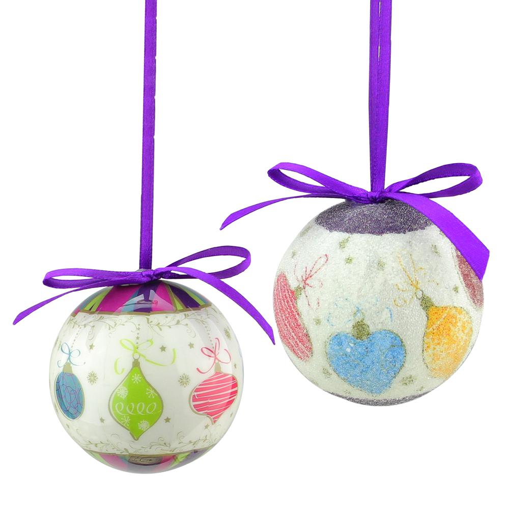 8pc Purple and White Decoupage Shatterproof Christmas Ball Ornaments 2.25" (57mm). Picture 1