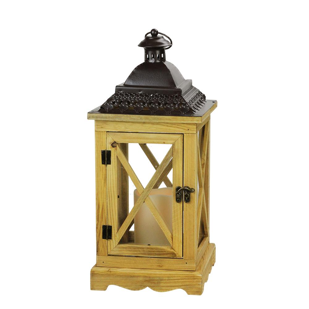 17.5" Rustic Wooden Lantern with Brown Metal Top and LED Flameless Pillar Candle with Timer. Picture 1