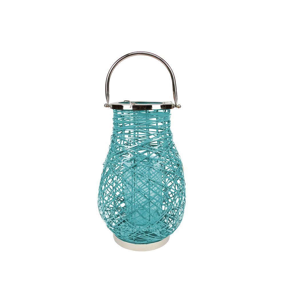 16.25" Modern Turquoise Blue Decorative Woven Iron Pillar Candle Lantern with Glass Hurricane. Picture 1