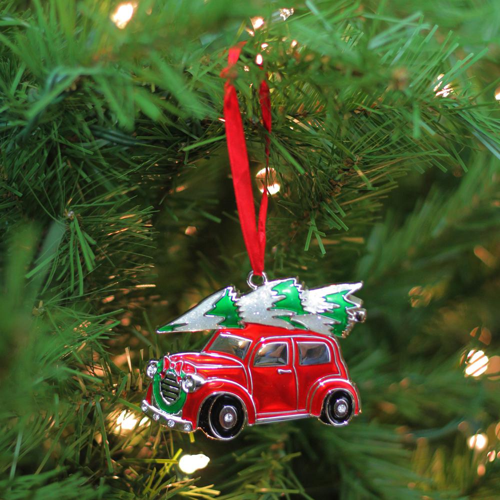 3.25" Red and White Car with Tree Christmas Ornament. Picture 3