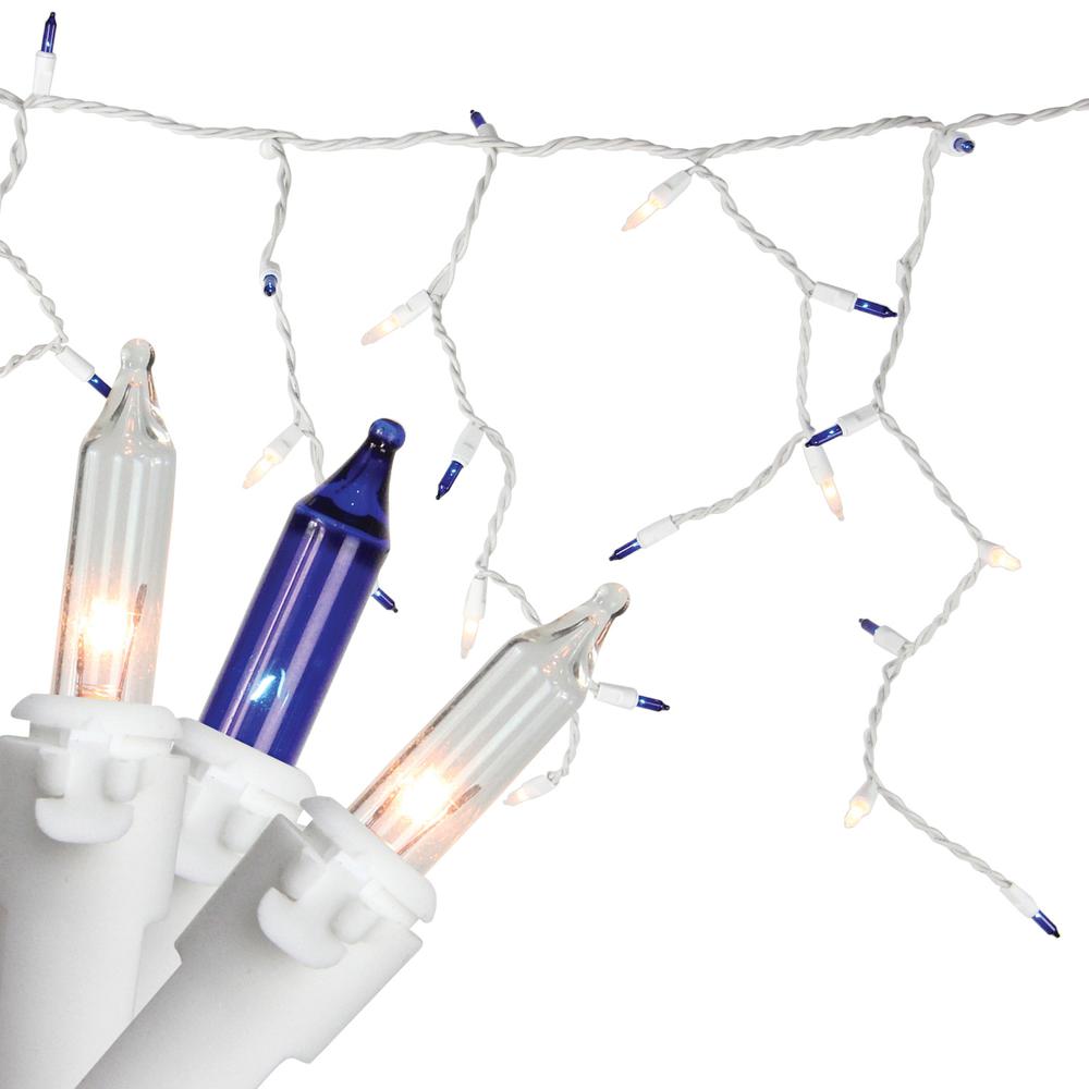 100 Blue and Clear Mini Icicle Christmas Lights - 5.75ft White Wire. Picture 2