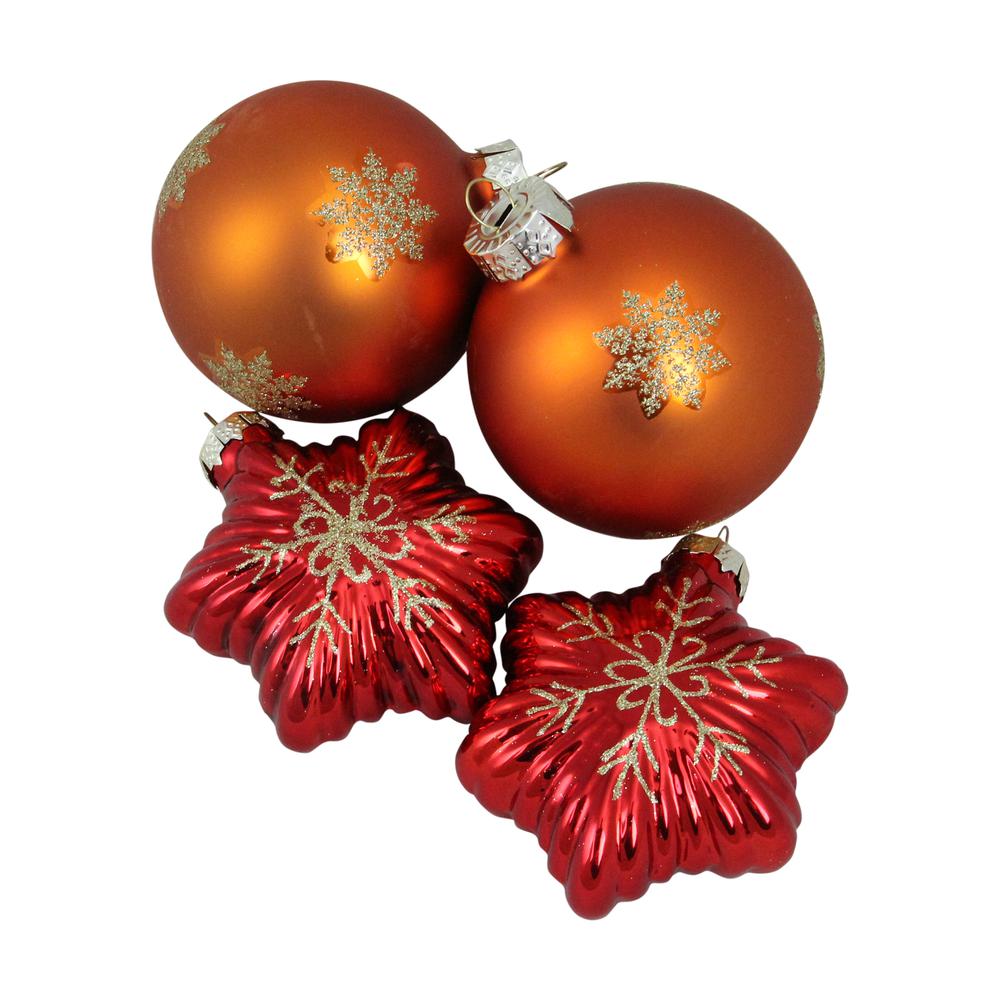 4ct Shiny Red Stars and Amber Orange Balls Glass Christmas Ornaments 4.25". Picture 1
