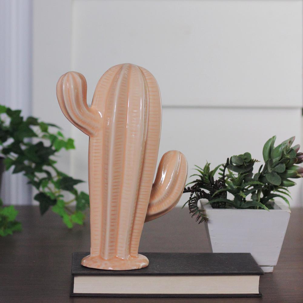 9" Peach Contemporary Textured Stripe Cactus Tabletop Decor. Picture 3