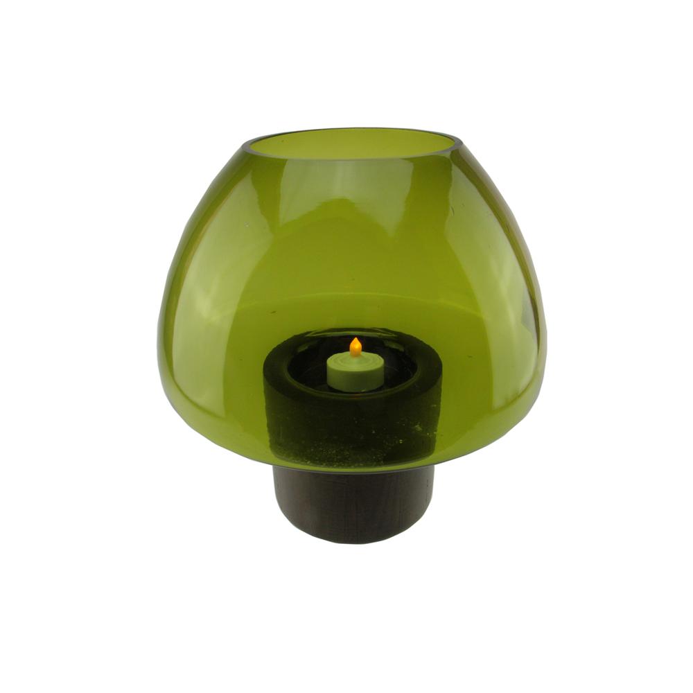 9.75" Transparent Olive Green Glass Candle Holder with Wooden Base. Picture 1