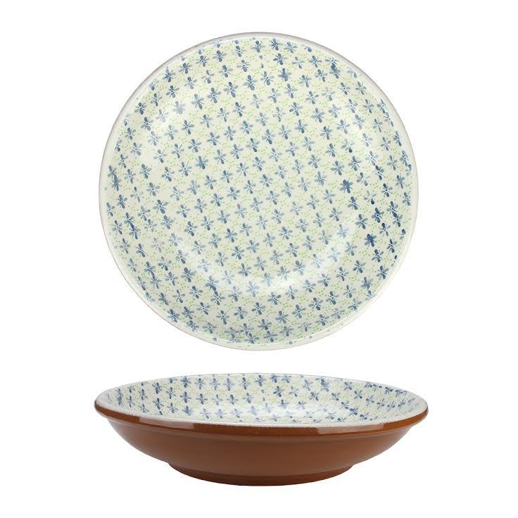 12.25" French Countryside Decorative Green and Blue Flower Round Terracotta Bowl. Picture 1