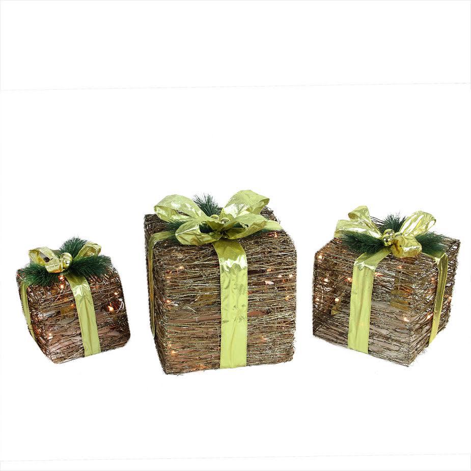 Set of 3 Brown and Green Lighted Glitter Gift Boxes Christmas Decoration 12". Picture 1