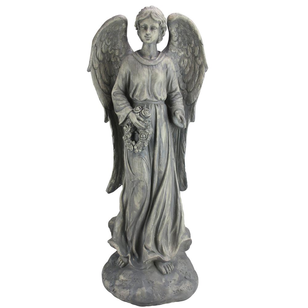 26" Distressed Finish Angel with Floral Wreath Outdoor Garden Figure. Picture 1