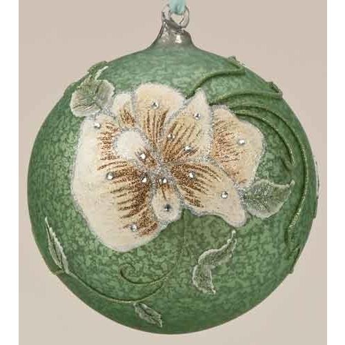 6.25" Green and Ivory Glittered Floral Christmas Ornament. Picture 1
