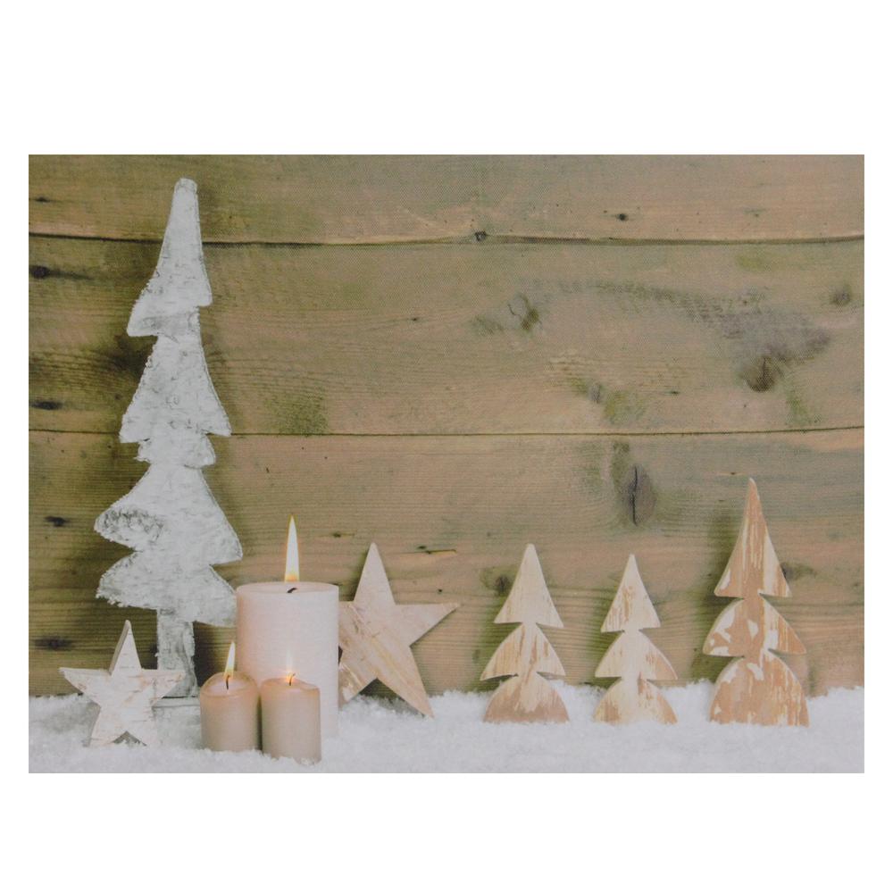 LED Lighted Flickering Candles and Winter Wooden Trees Canvas Wall Art 12" x 15.75". The main picture.