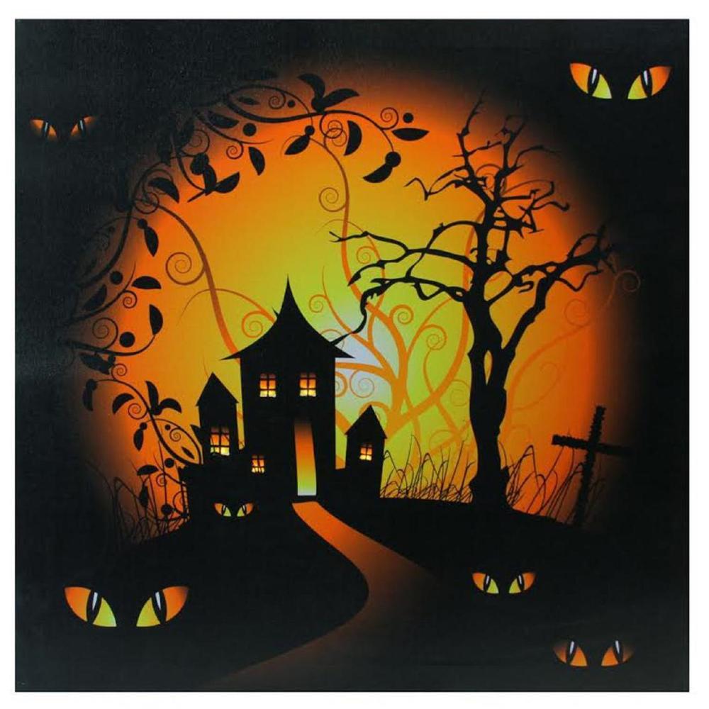 LED Lighted Spooky House Halloween Canvas Wall Art 19.75" x 19.75". Picture 1
