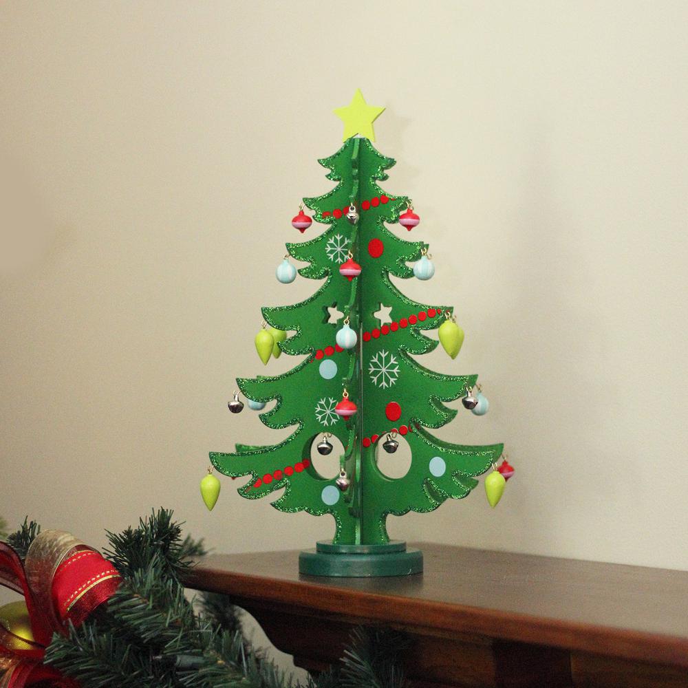 13.75" Green Christmas Tree Cut Out With Ornaments Table Top Decor. Picture 3