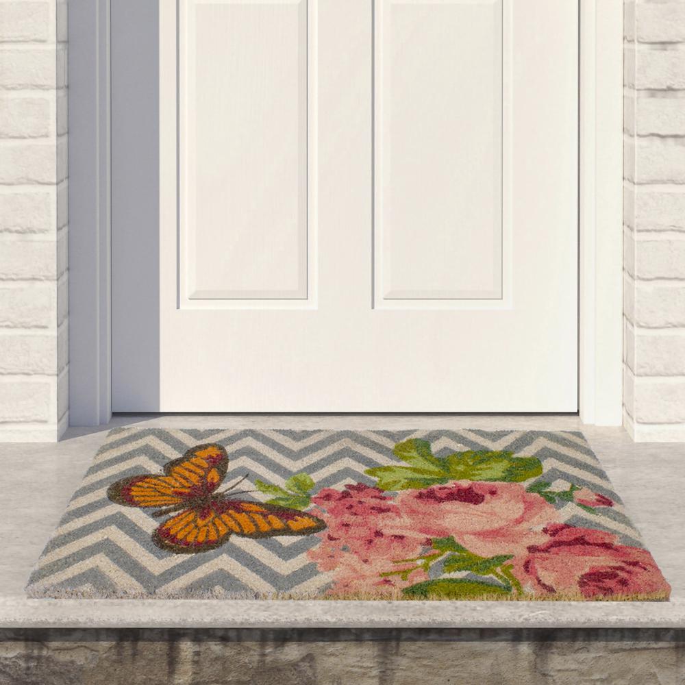 Rose with a Butterfly on Chevron Background Spring Coir Door Mat 29" x 17". Picture 2