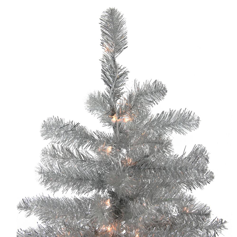 4.5' Pre-Lit Silver Metallic Tinsel Artificial Christmas Tree - Clear Lights. Picture 2