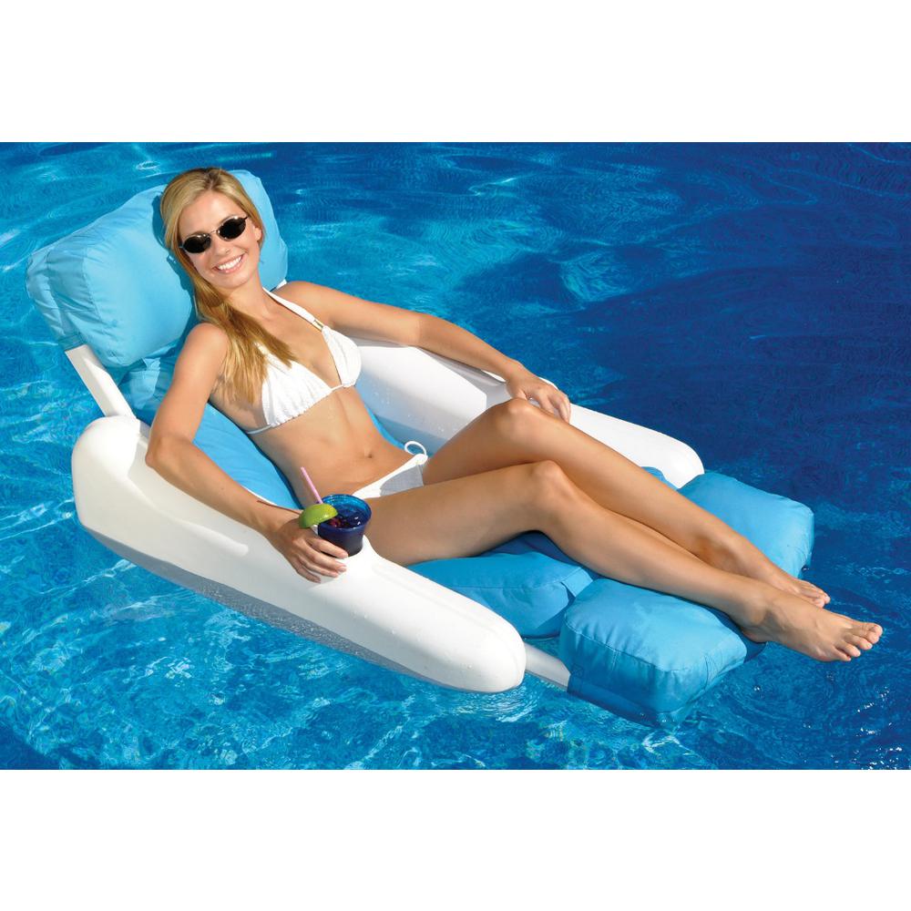 66-Inch Inflatable Blue and White Swimming Pool Floating Lounge Seat. Picture 3