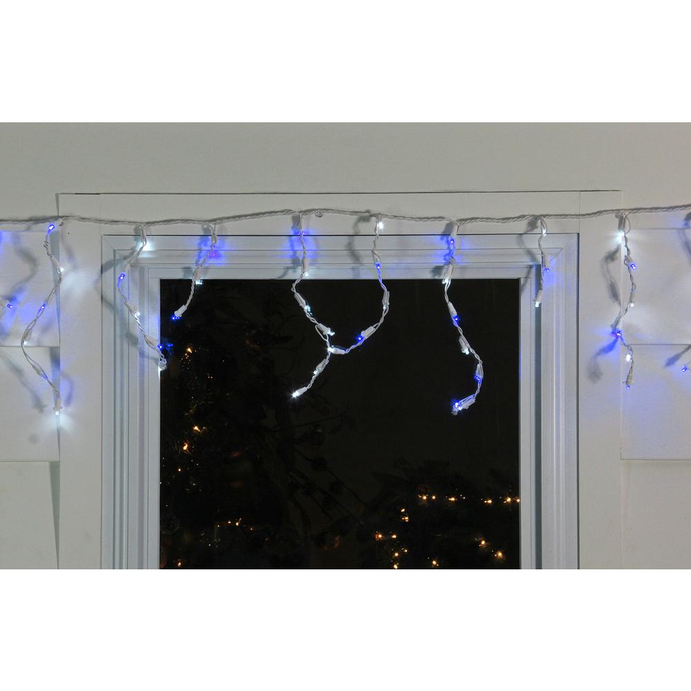 100 Blue and Pure White LED Wide Angle Icicle Christmas Lights - 5.5 ft White Wire. Picture 3